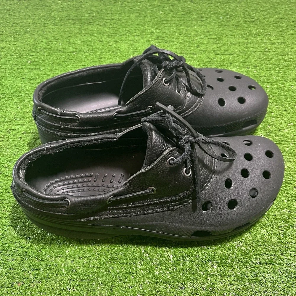 Crocs Boat Shoes Men SZ 12 Islander Pitcrew Leather Classic Clogs Black On Black
